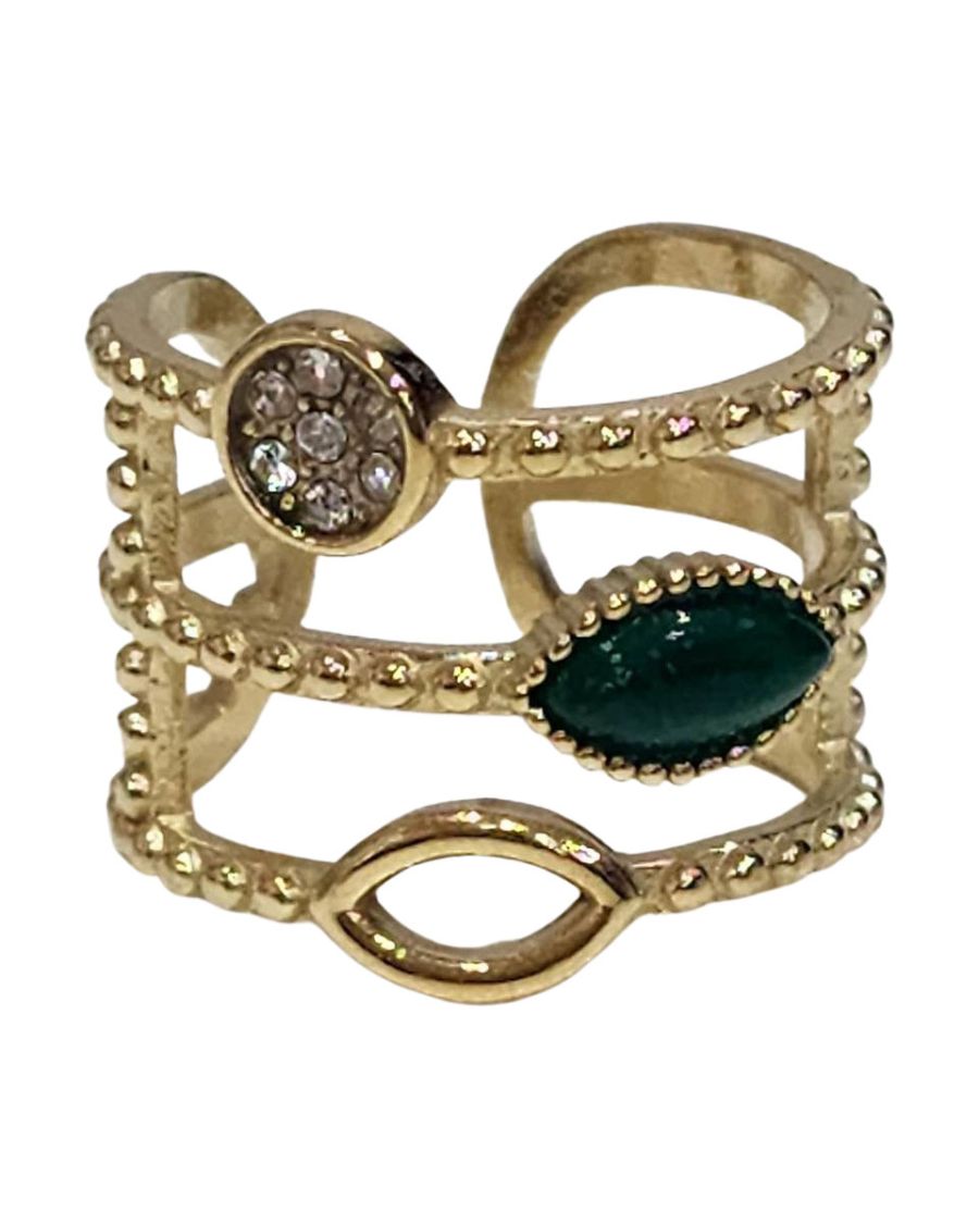 Bague triple rang strass vert/doré