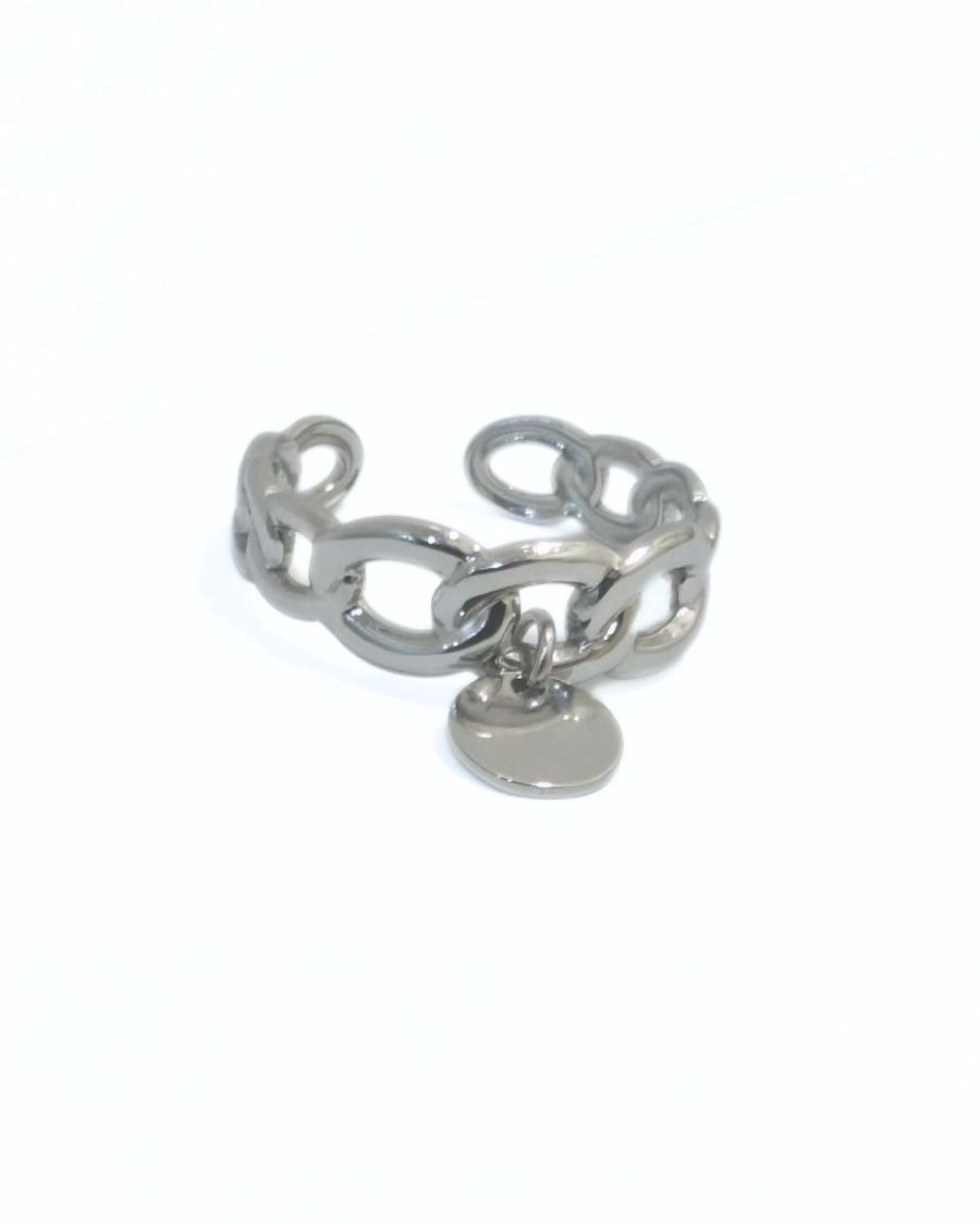 Bague femme acier argenté maille et pampille 