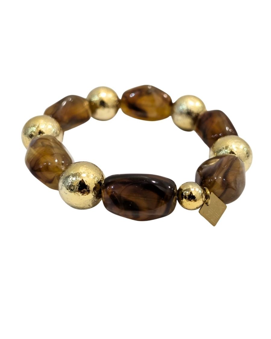 Bracelets femme résine camel et billes dorées