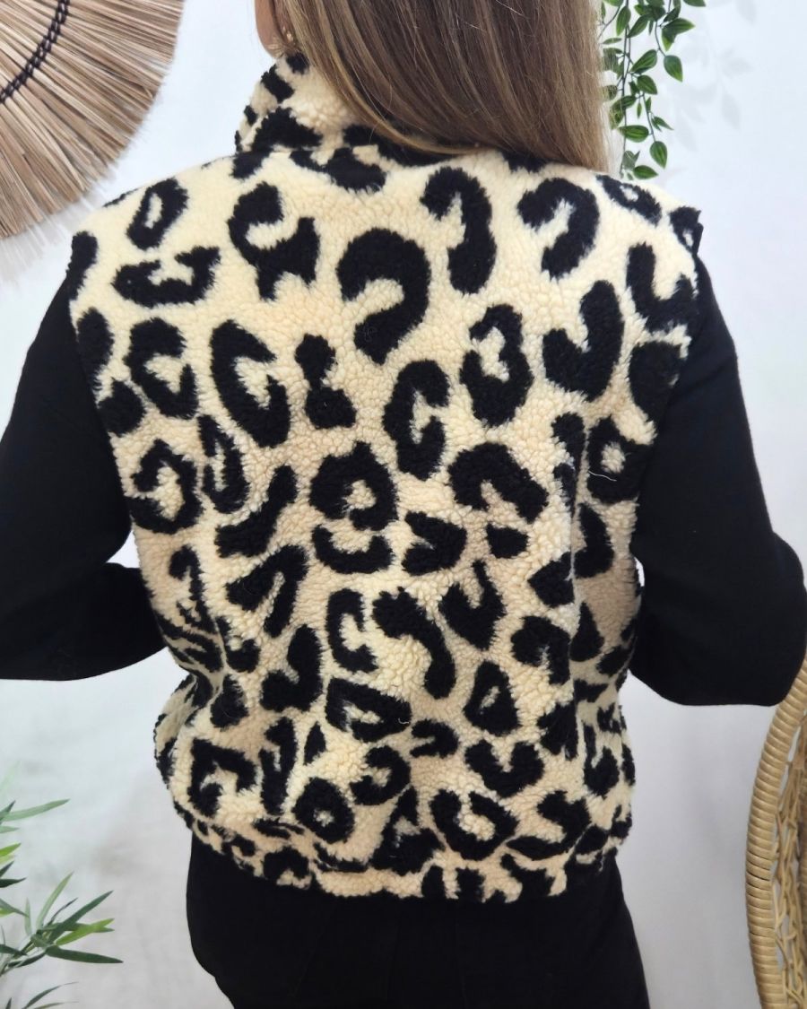 Gilet femme bouclettes léopard sans manches beige et noir