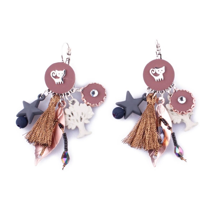 Boucles d'oreilles LOL breloques Chat Naturalis marron cuivré et argent
