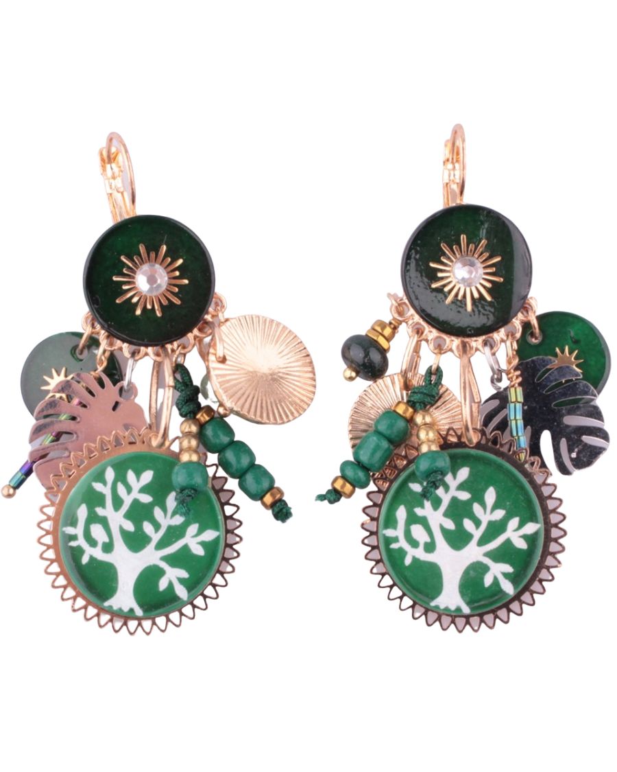 Boucles d'oreilles LOL vertes gongs arbre de vie et soleils