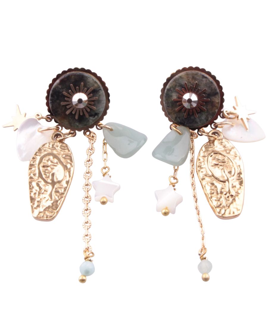 Boucles d'oreilles acier étoile nacrée dorées et vertes