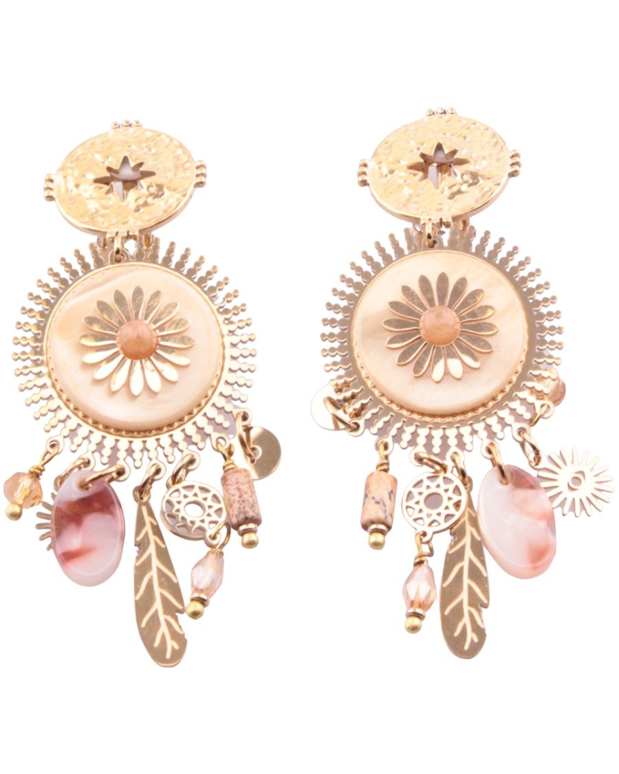 Boucles d'oreilles fleur beiges et dorées