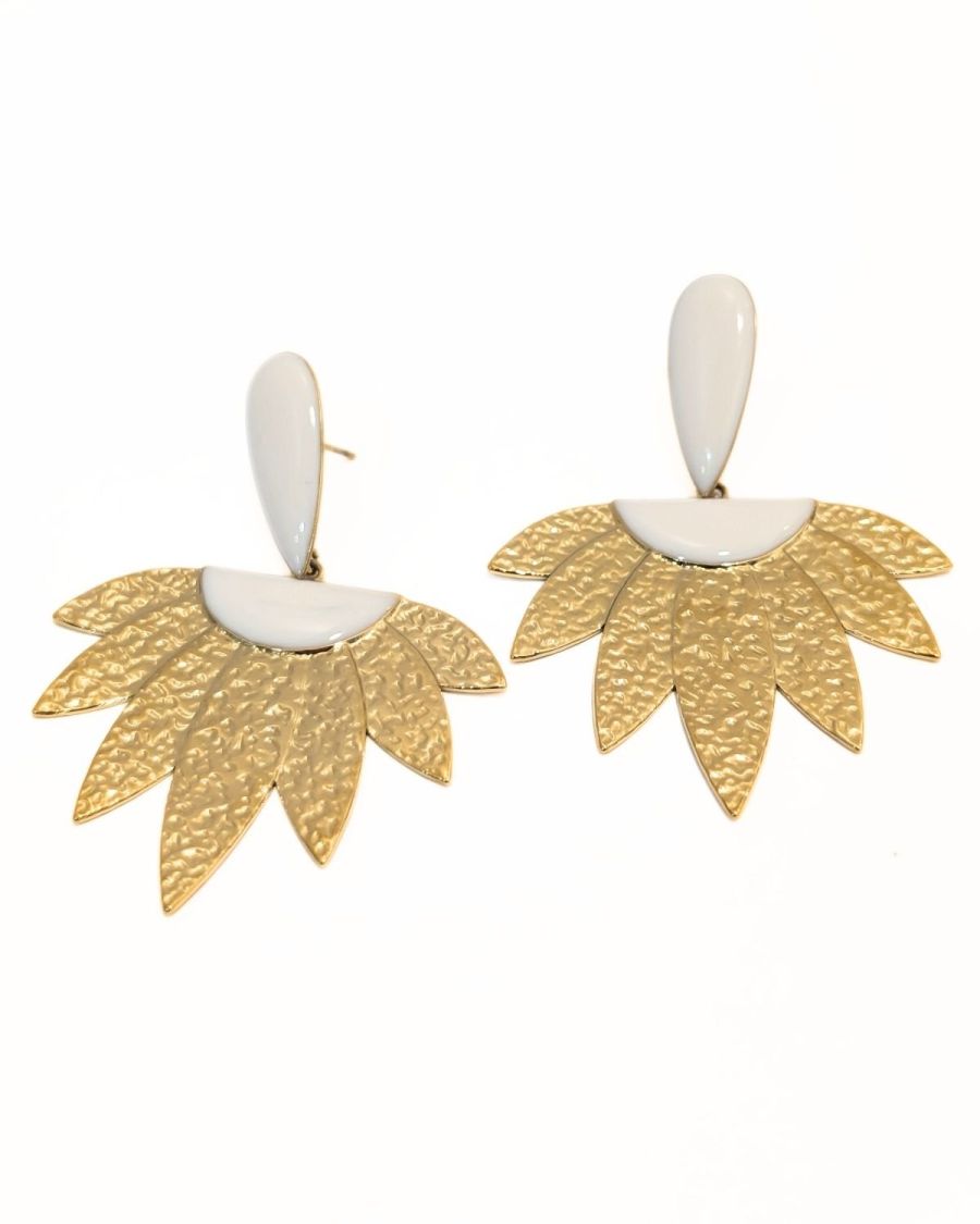 Boucles d'oreilles femme acier doré émail blanc Germaine
