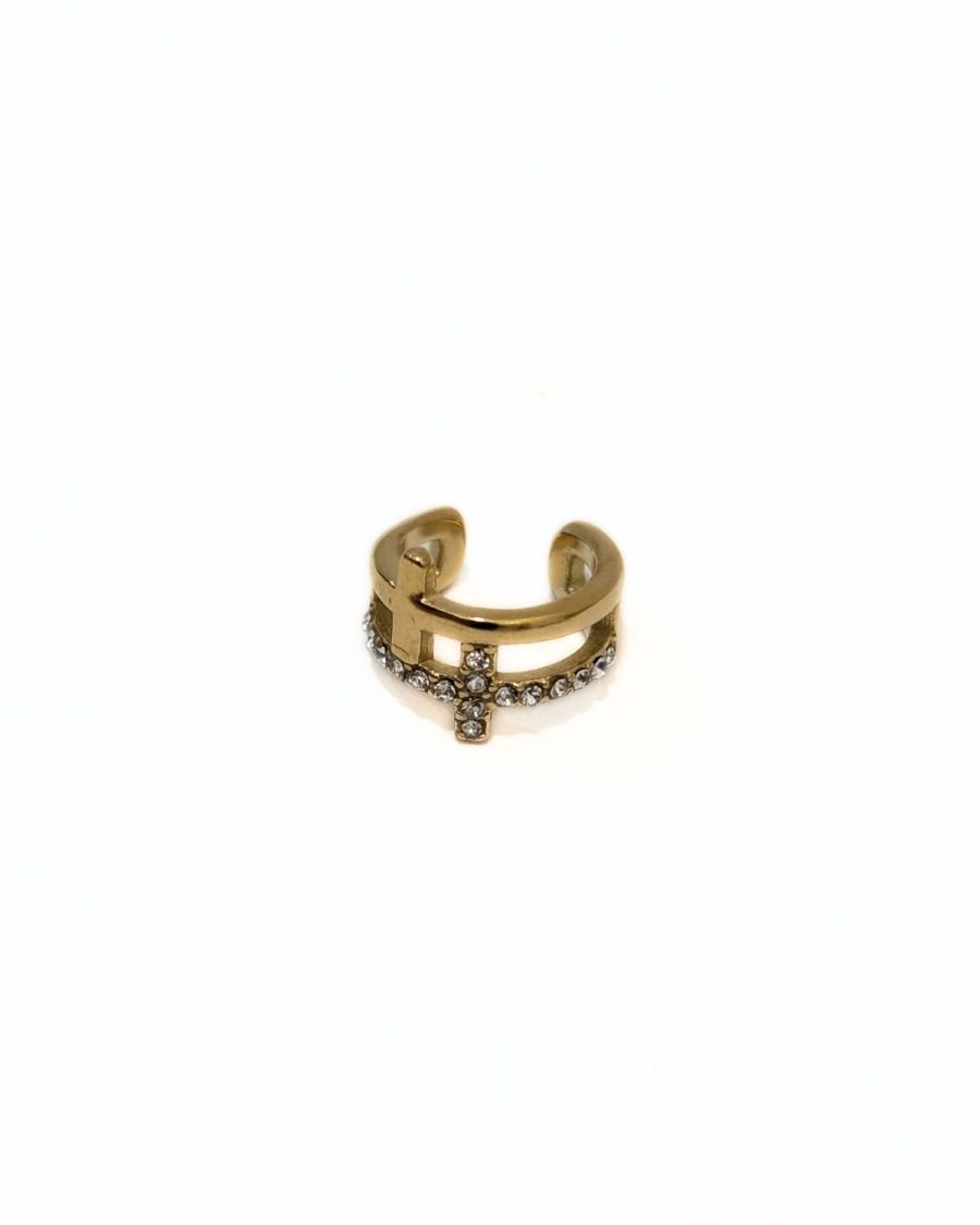 Boucle d'oreille arcade femme acier doré croix strass