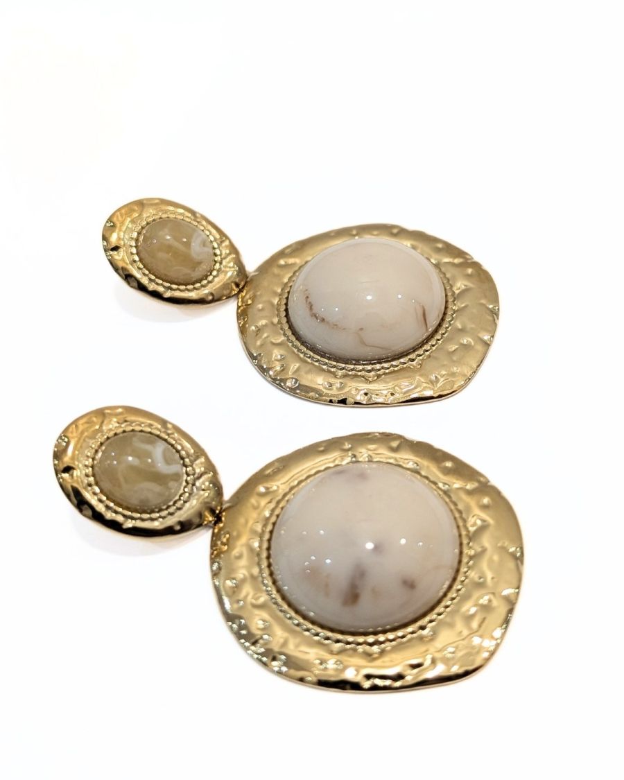 Boucles d'oreilles femme double médiallon acier doré et pierres