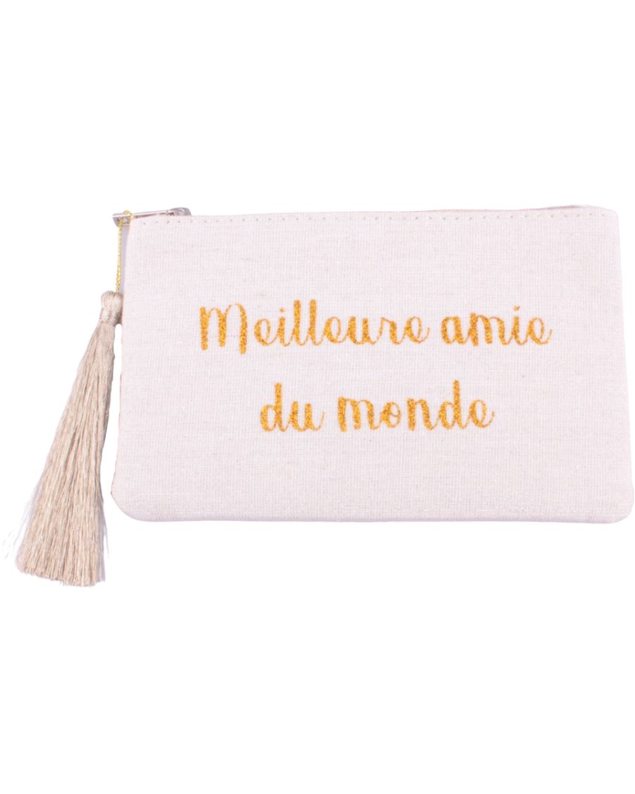 Petite pochette LOL beige pailletée meilleure amie du monde doré et pompon