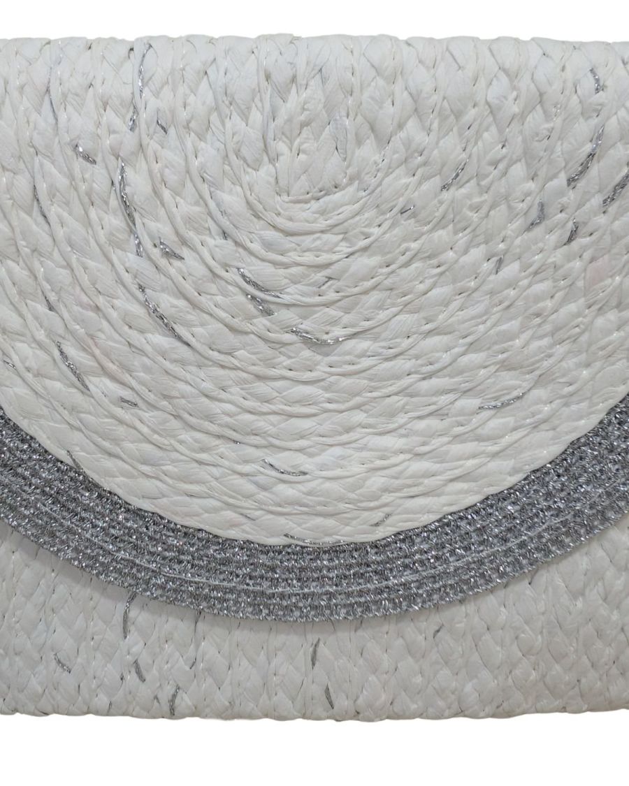 Pochette femme papier tissé blanche rebords lurex argentés
