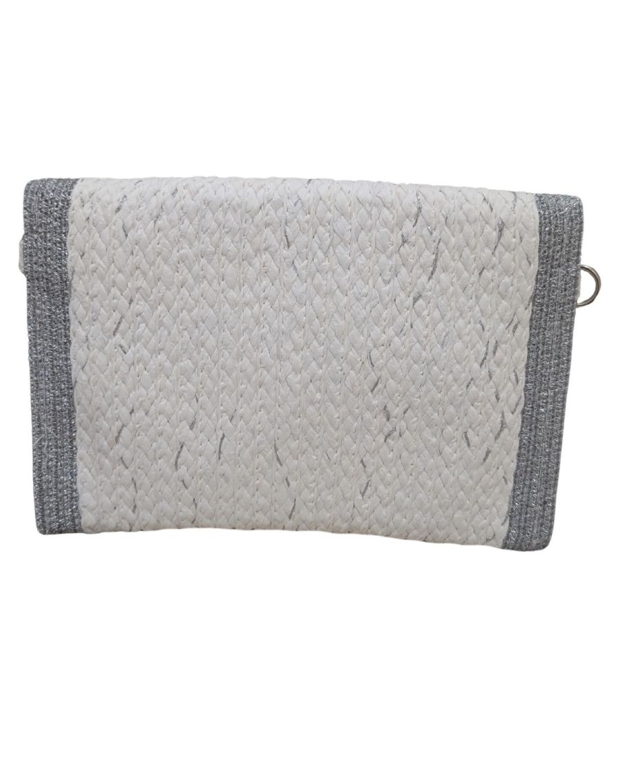 Pochette femme papier tissé blanche rebords lurex argentés