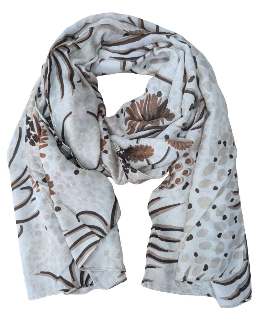 Echarpe femme beige motifs fleuris marrons et terracotta