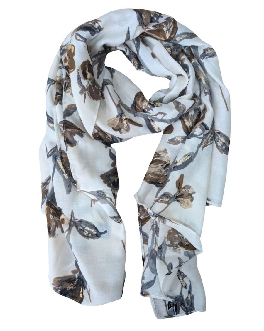 Echarpe femme beige fleurs marrons grises dorées