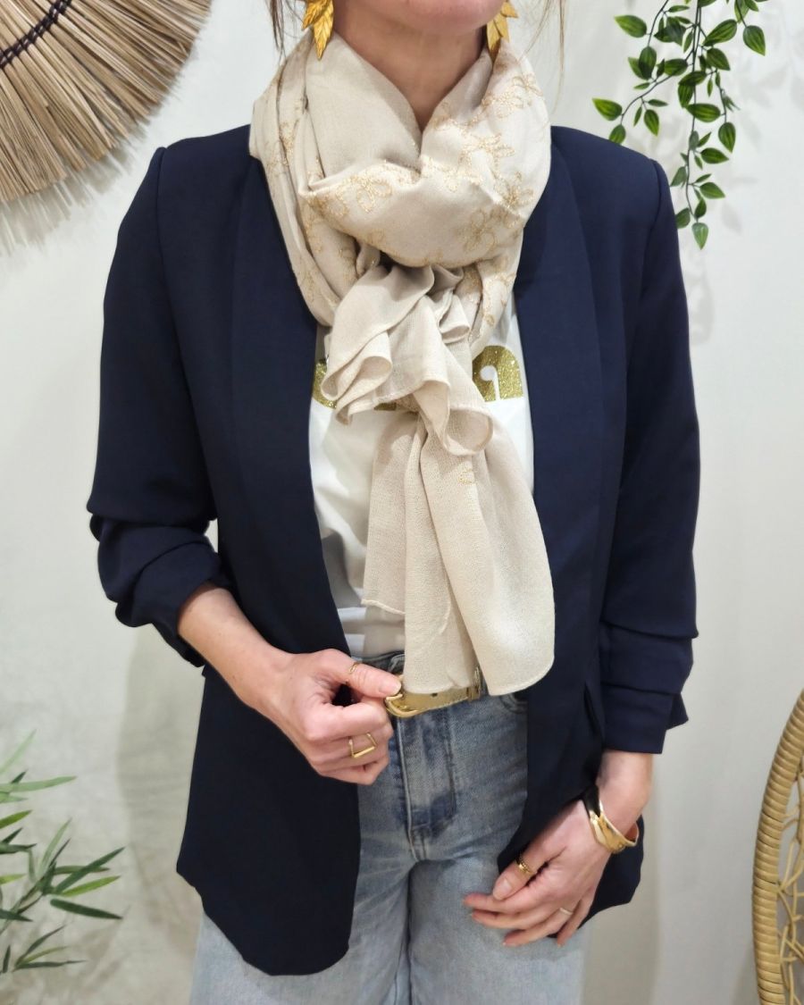 Foulard femme beige fleurs brodées dorées