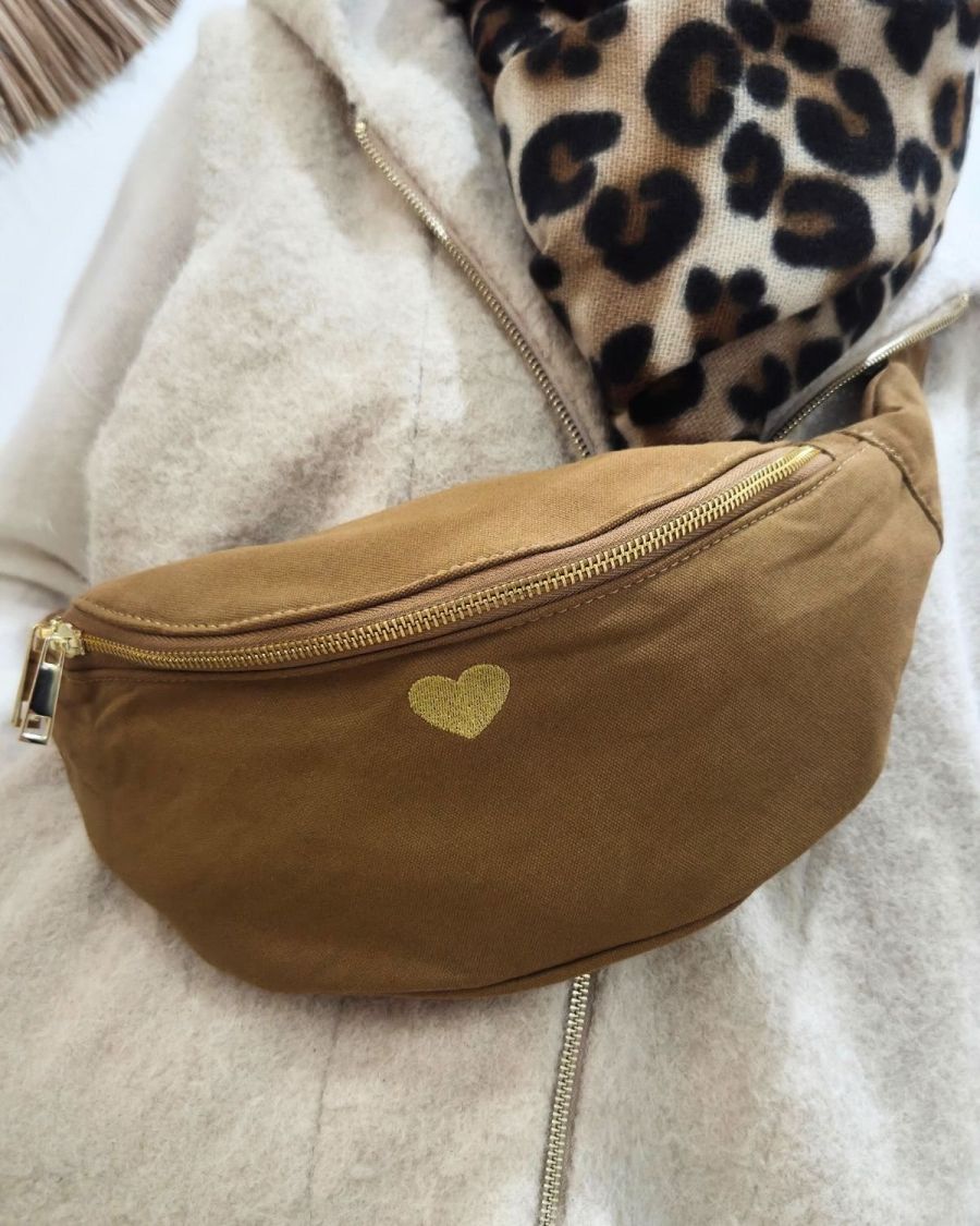 Sac banane femme coton coeur brodé doré