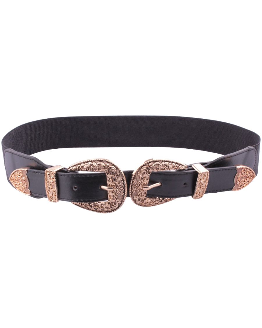 Ceinture élastique noire double boucle dorée arabesques