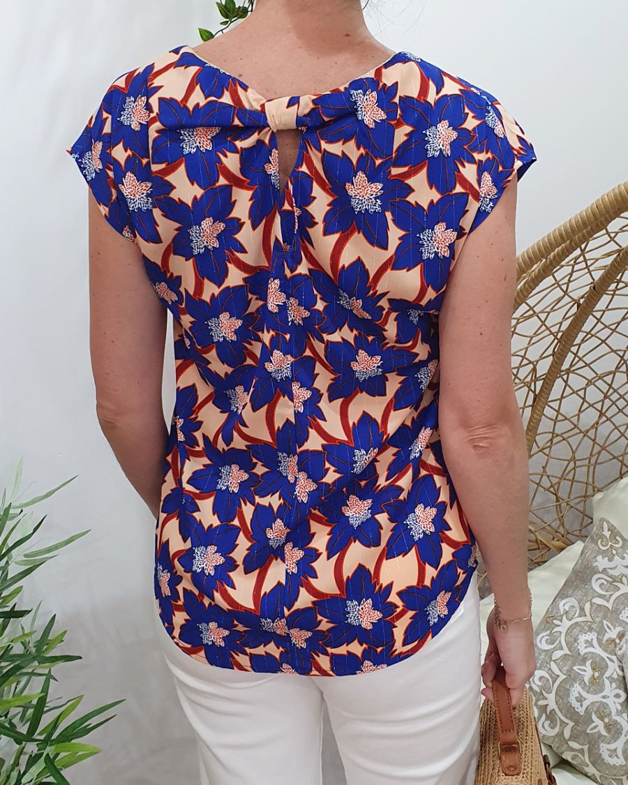 Blouse femme dos noué bleu Lynn