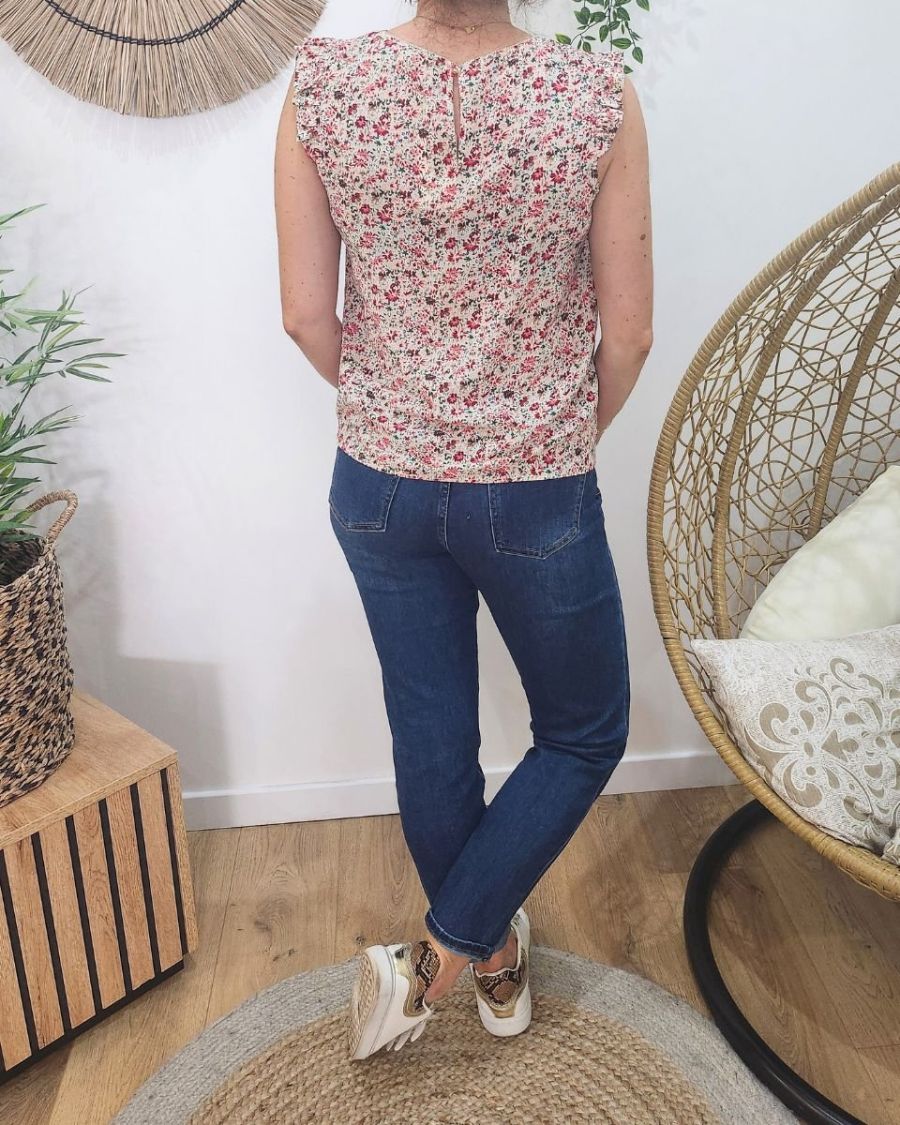 Blouse femme écrue petites fleurs rouges cerises et vertes