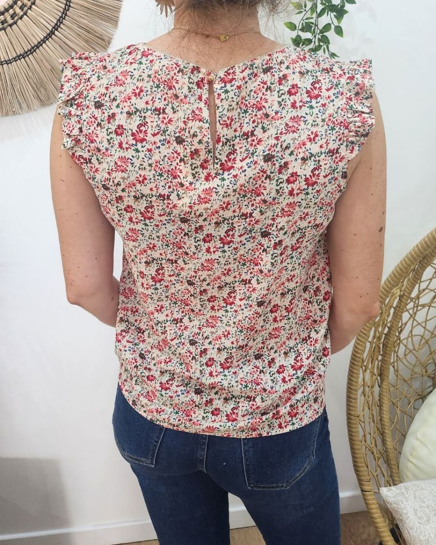 Blouse femme écrue petites fleurs rouges cerises et vertes