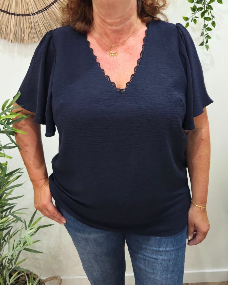 Blouse femme marine col brodé Amalie