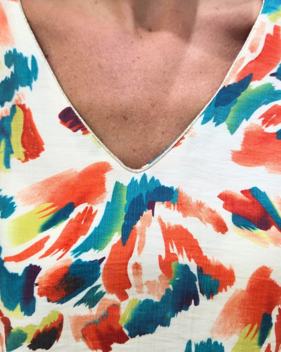 Blouse femme coton écru motifs multicolores Bernadette