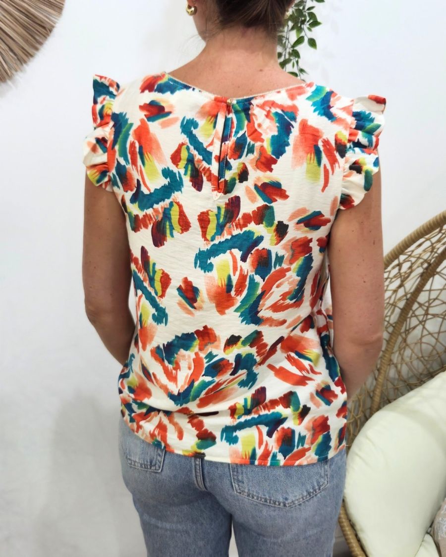 Blouse femme coton écru motifs multicolores Bernadette