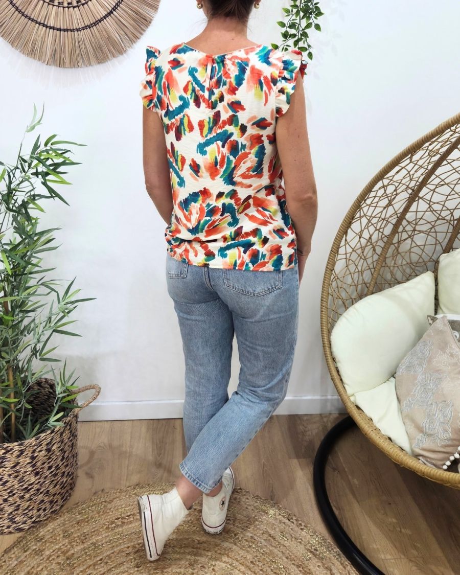 Blouse femme coton écru motifs multicolores Bernadette