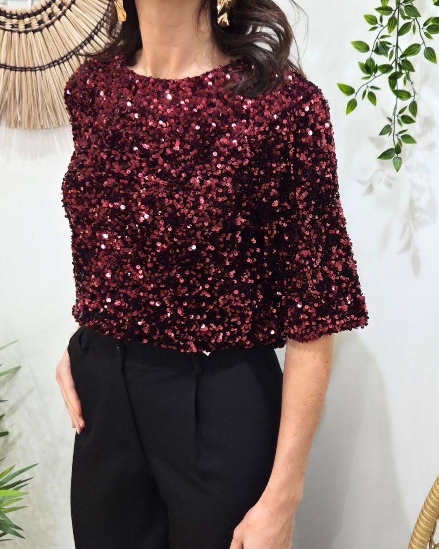 Blouse femme à sequins rouge bordeaux