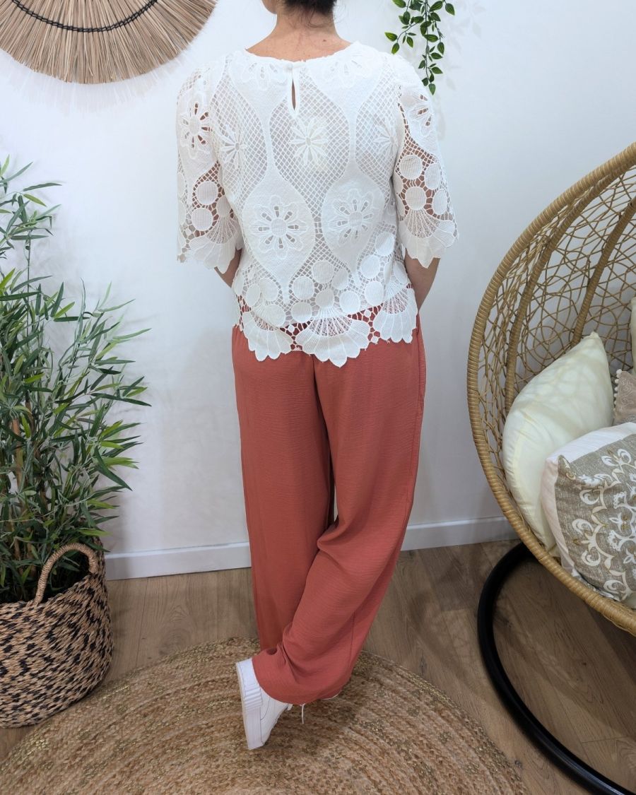 Blouse femme manches courtes dentelle blanc