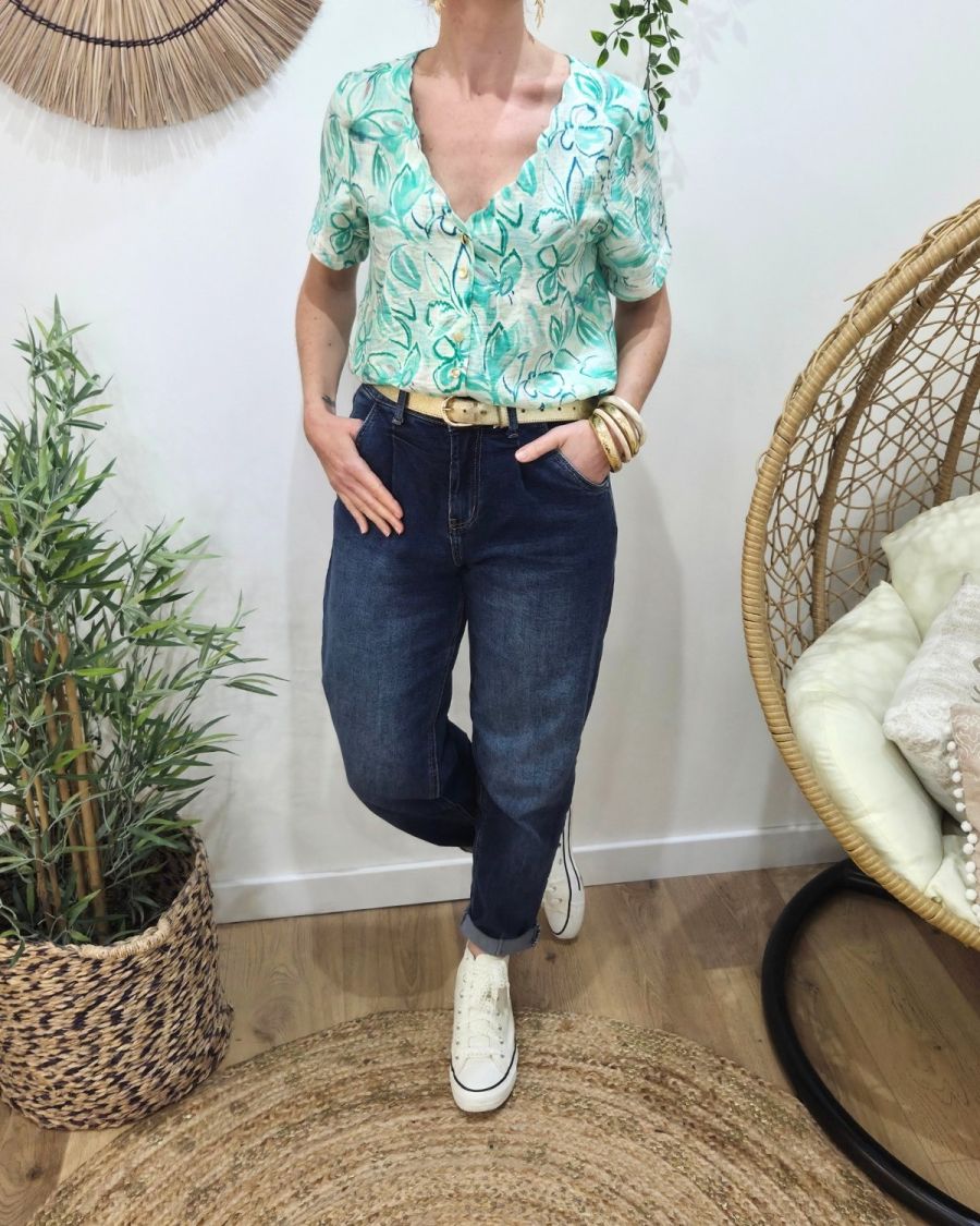 Blouse femme manches courtes verte fleurie Thémis