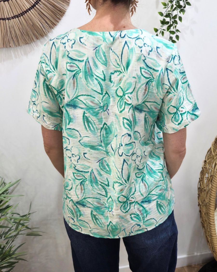 Blouse femme manches courtes verte fleurie Thémis