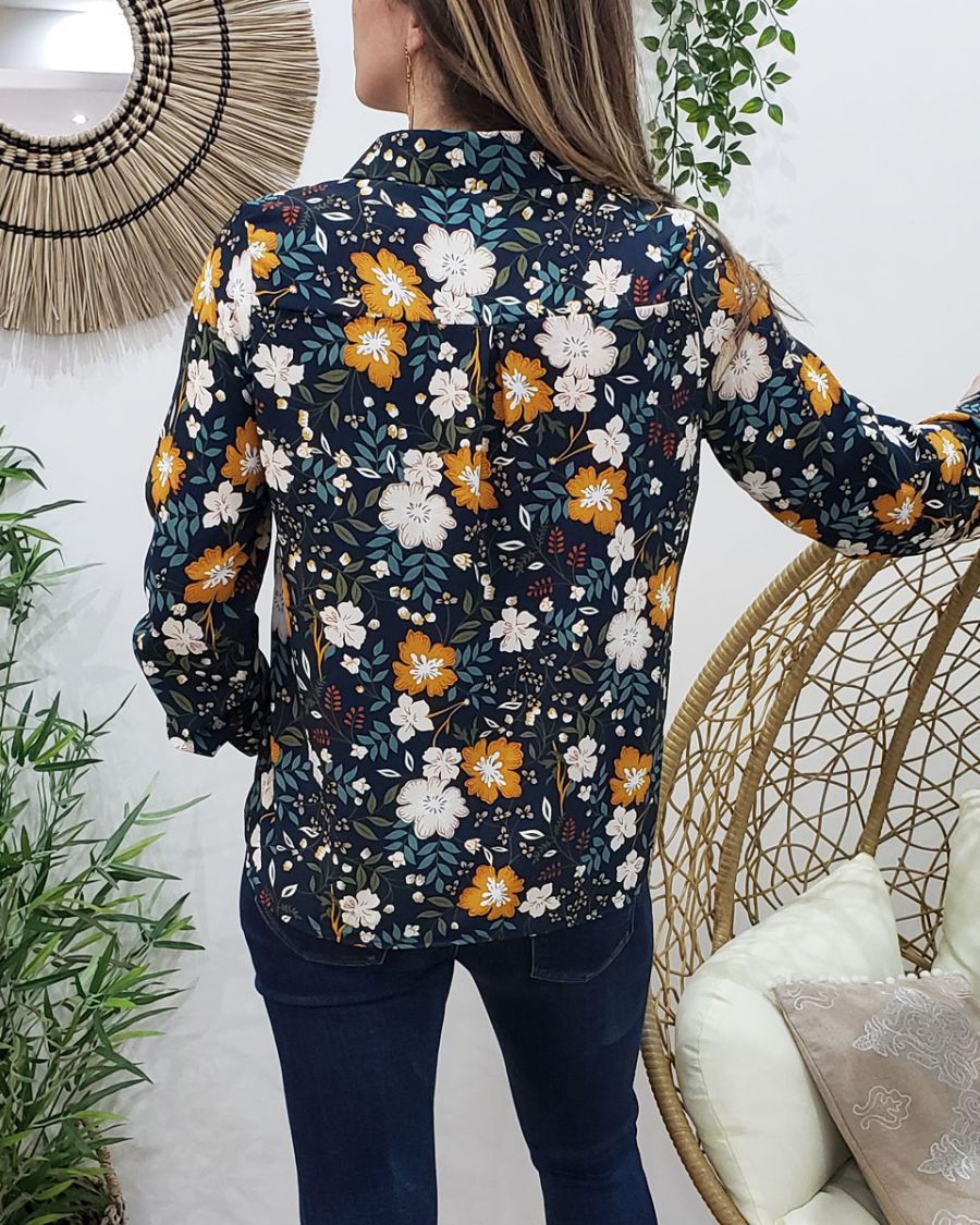 Chemisier marine imprimé floral beige et moutarde