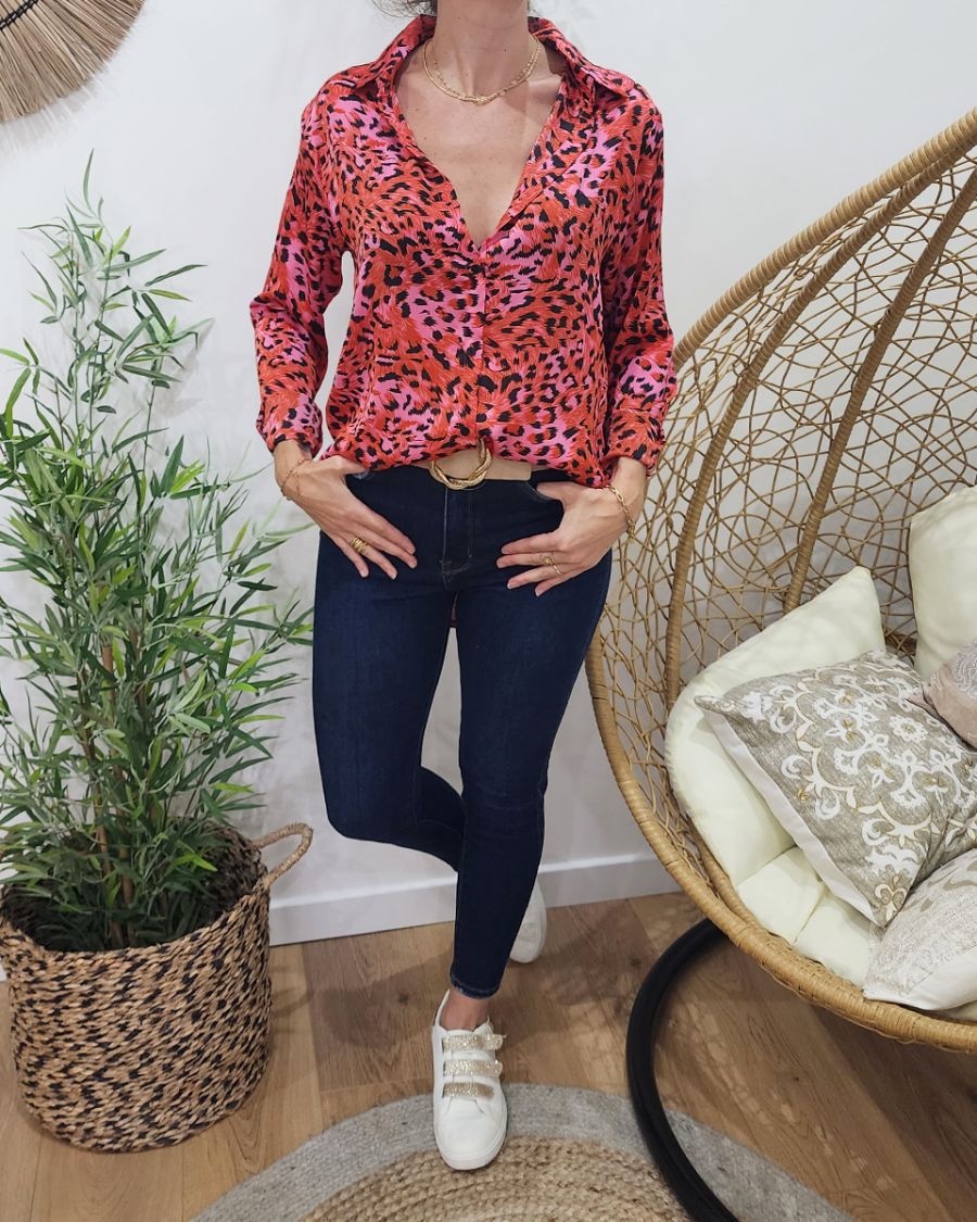 Chemisier femme léopard rouge et rose