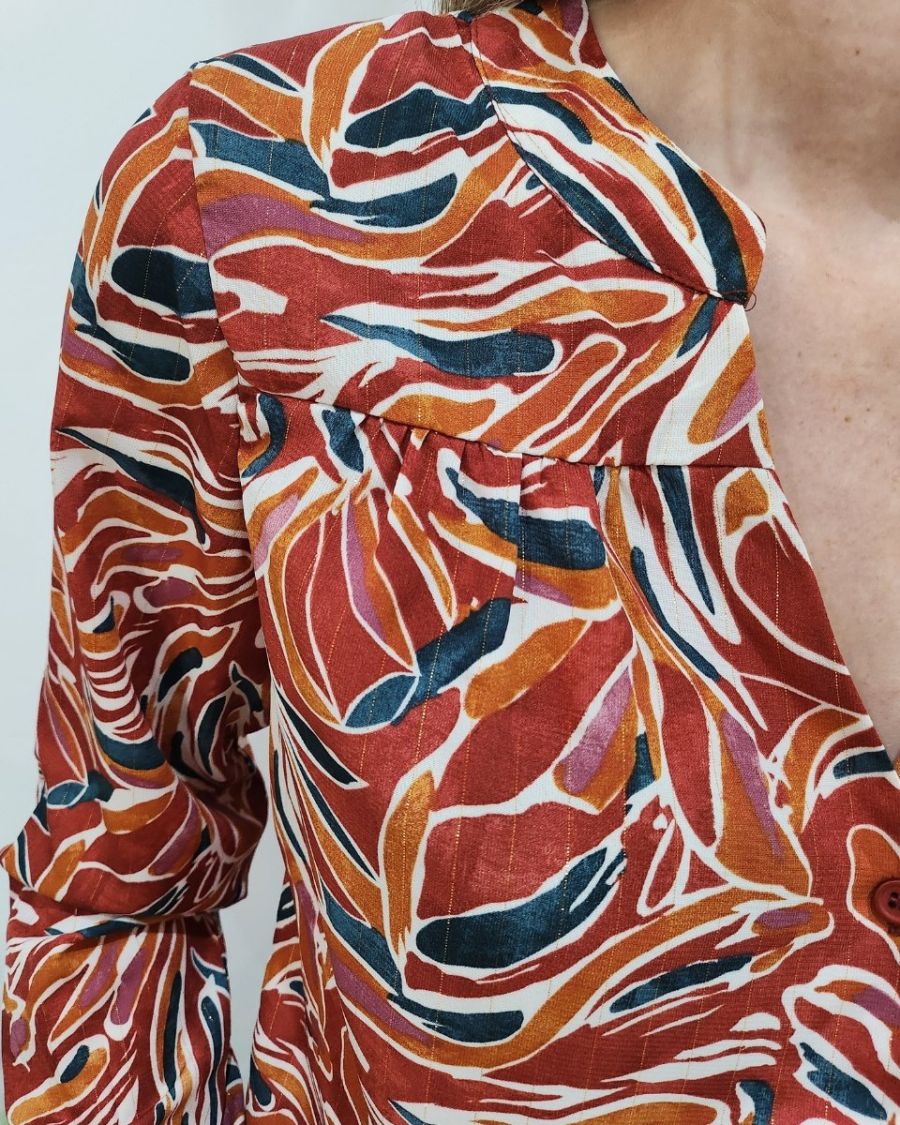 Chemisier femme terracota motifs verts oranges écrus Ocelia