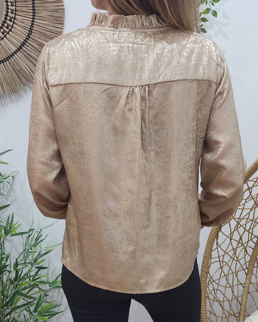 Chemisier femme lamé doré col froncé
