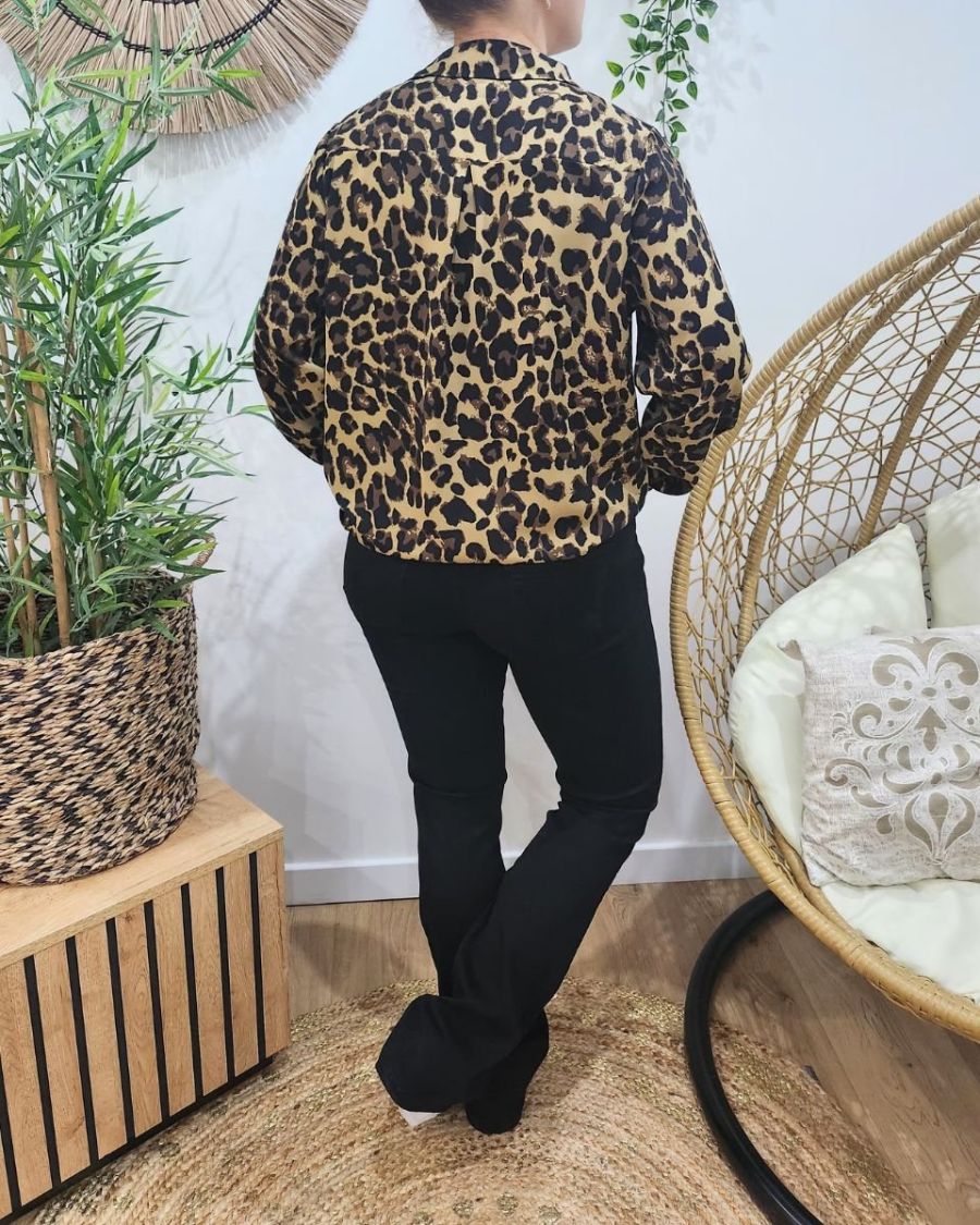 Chemisier femme camel imprimé léopard marron et noir