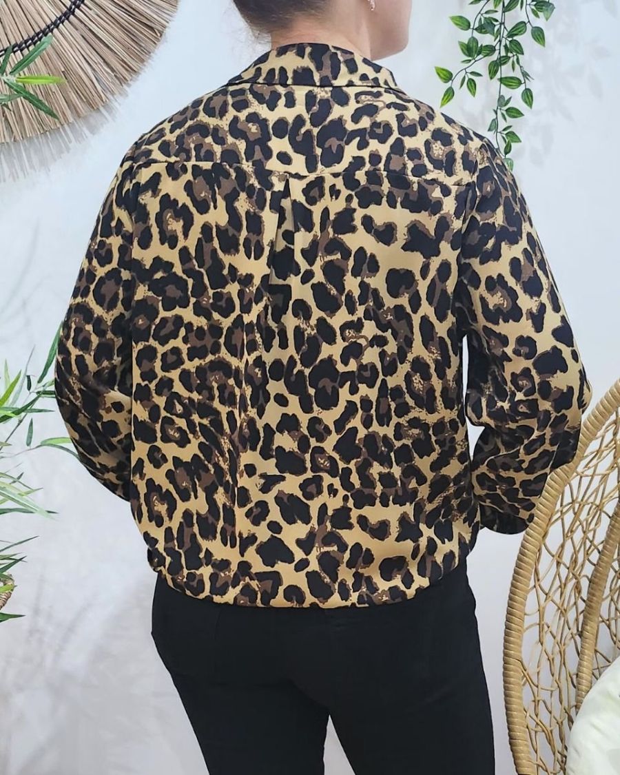 Chemisier femme camel imprimé léopard marron et noir