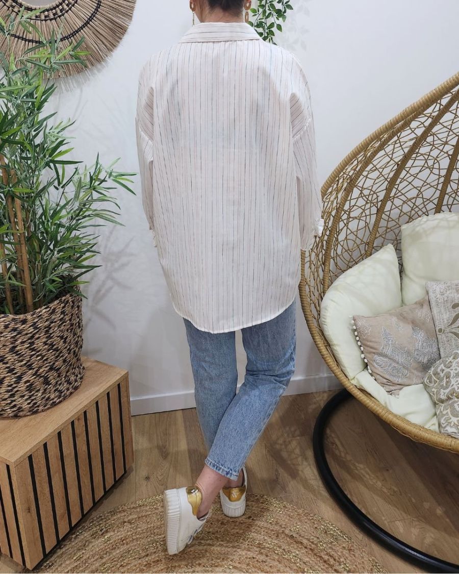 Chemisier femme blanc rayé bleu et rose liseré argenté