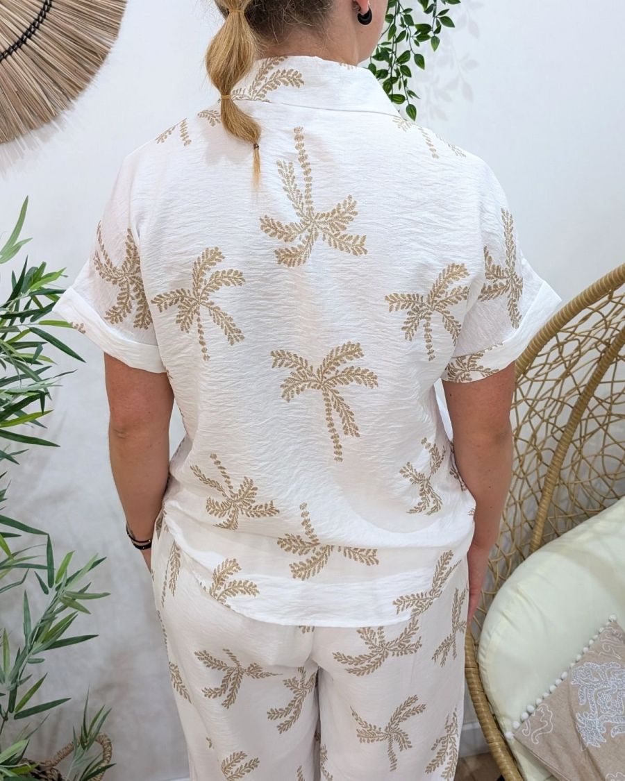 Chemisier femme écru palmiers camel