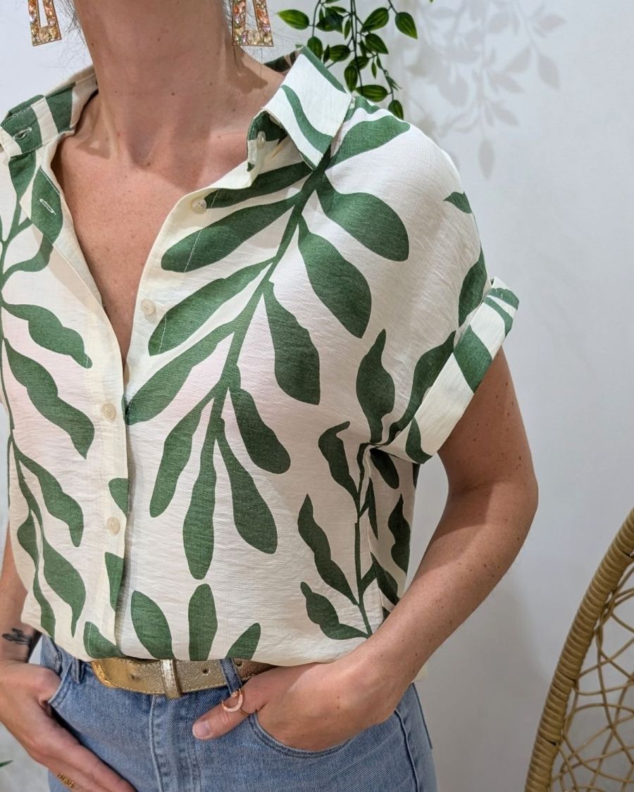 Chemisier femme écru et vert Ismérie manches courtes