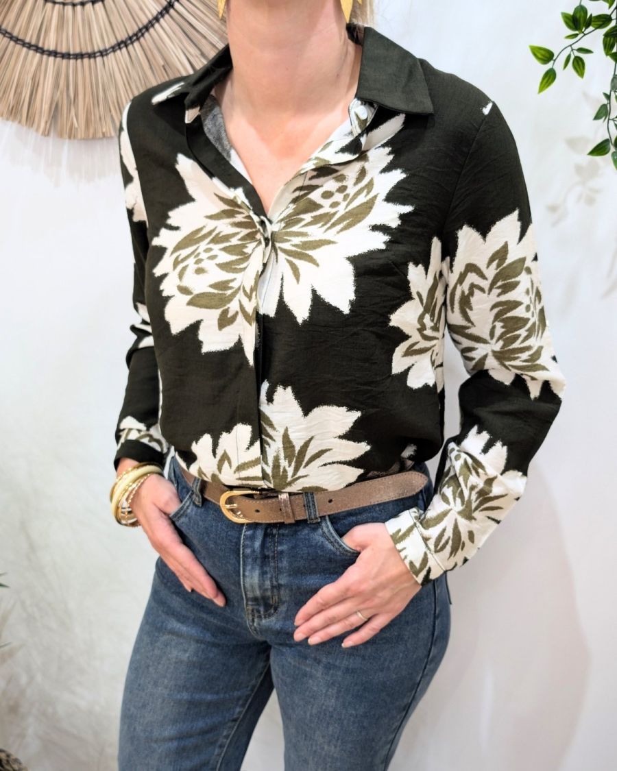 Chemisier femme kaki fleurs écrues Ophéa