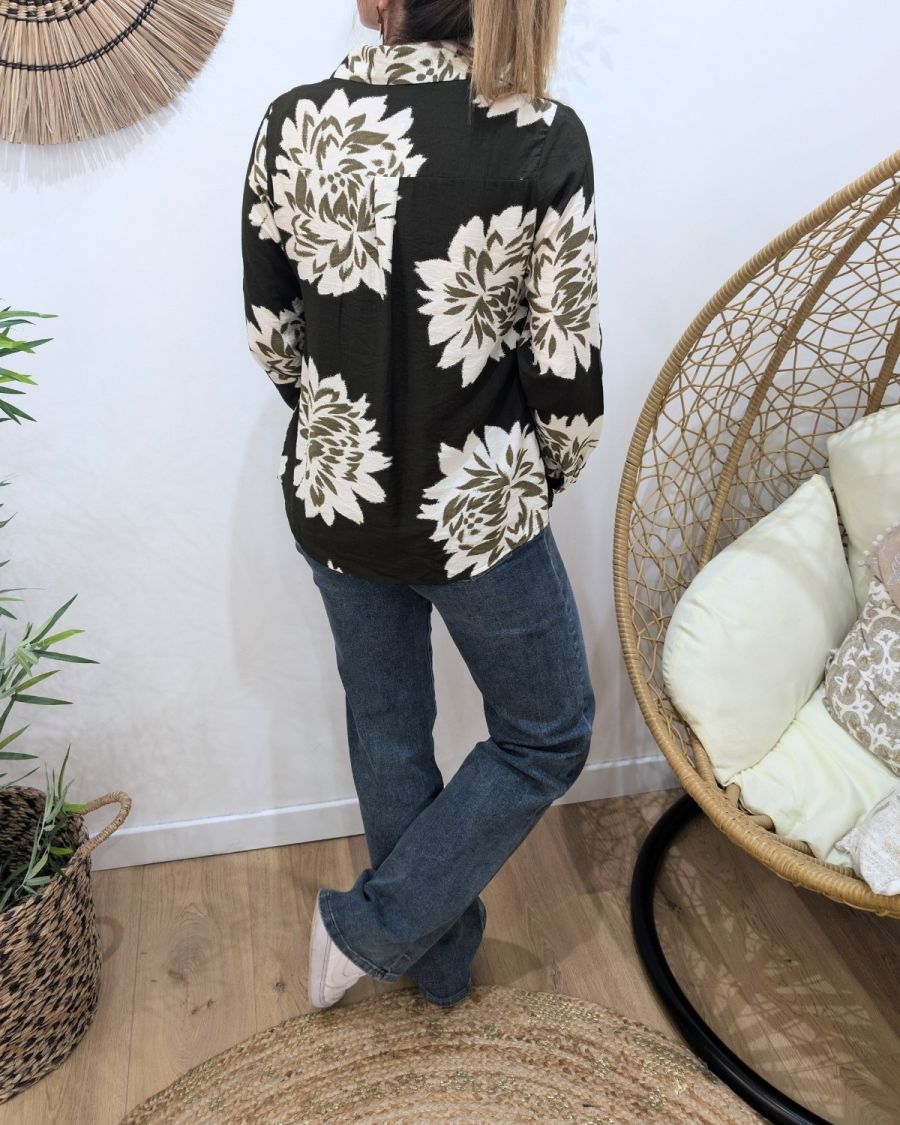 Chemisier femme kaki fleurs écrues Ophéa