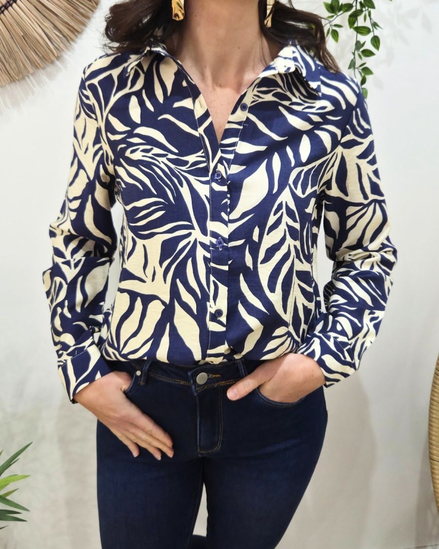 Chemisier femme marine et beige feuillages Norina