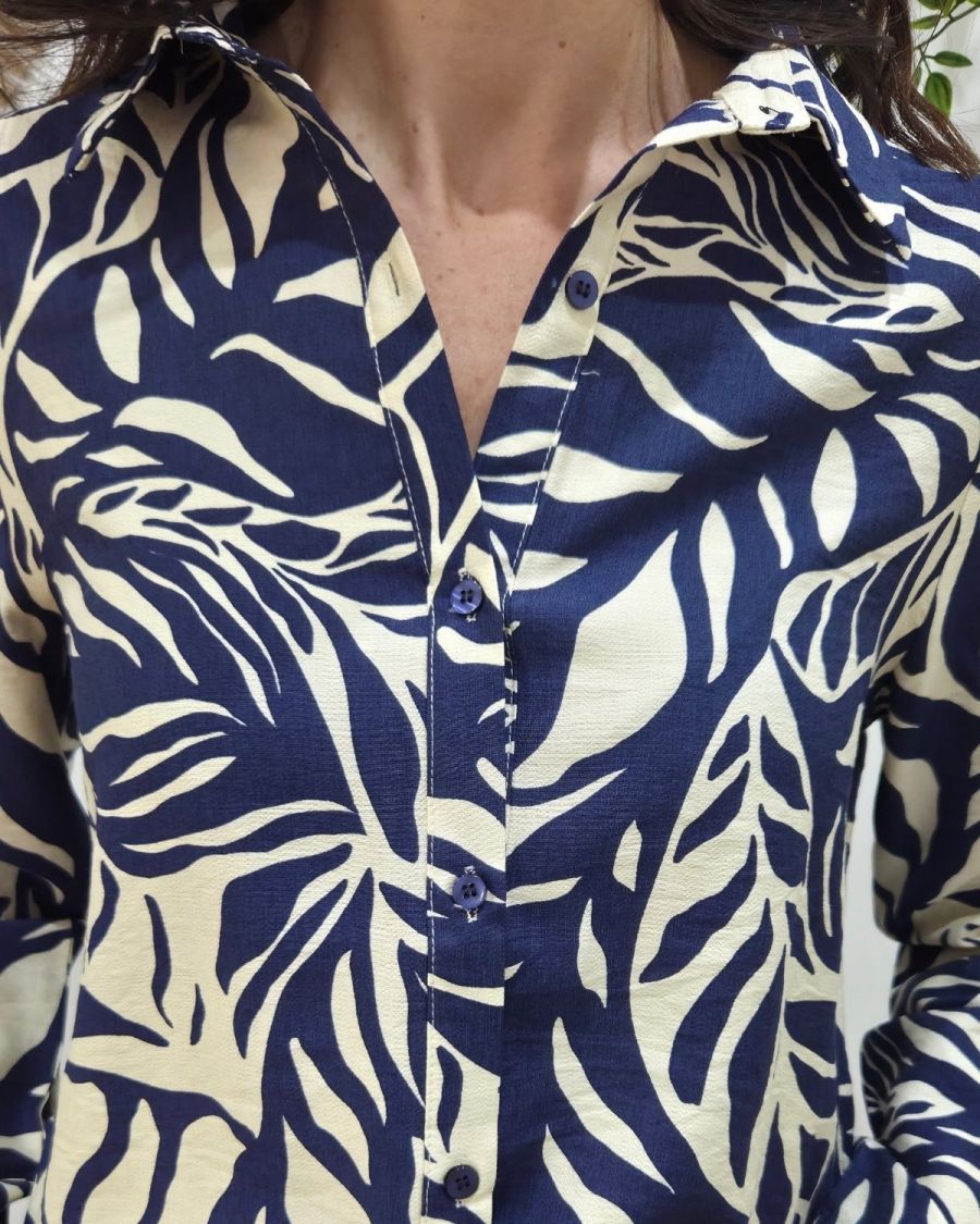 Chemisier femme marine et beige feuillages Norina
