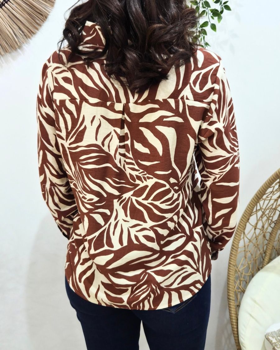 Chemisier femme terracotta et beige feuillages Norina