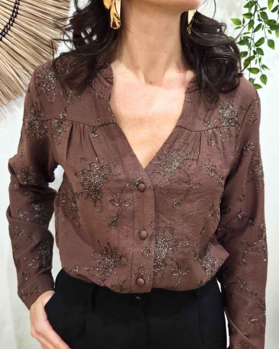 Chemisier brodé femme marron et argenté Izaline