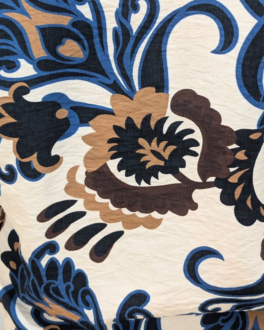Chemisier femme beige motifs fleuris marrons et bleus Jeannie