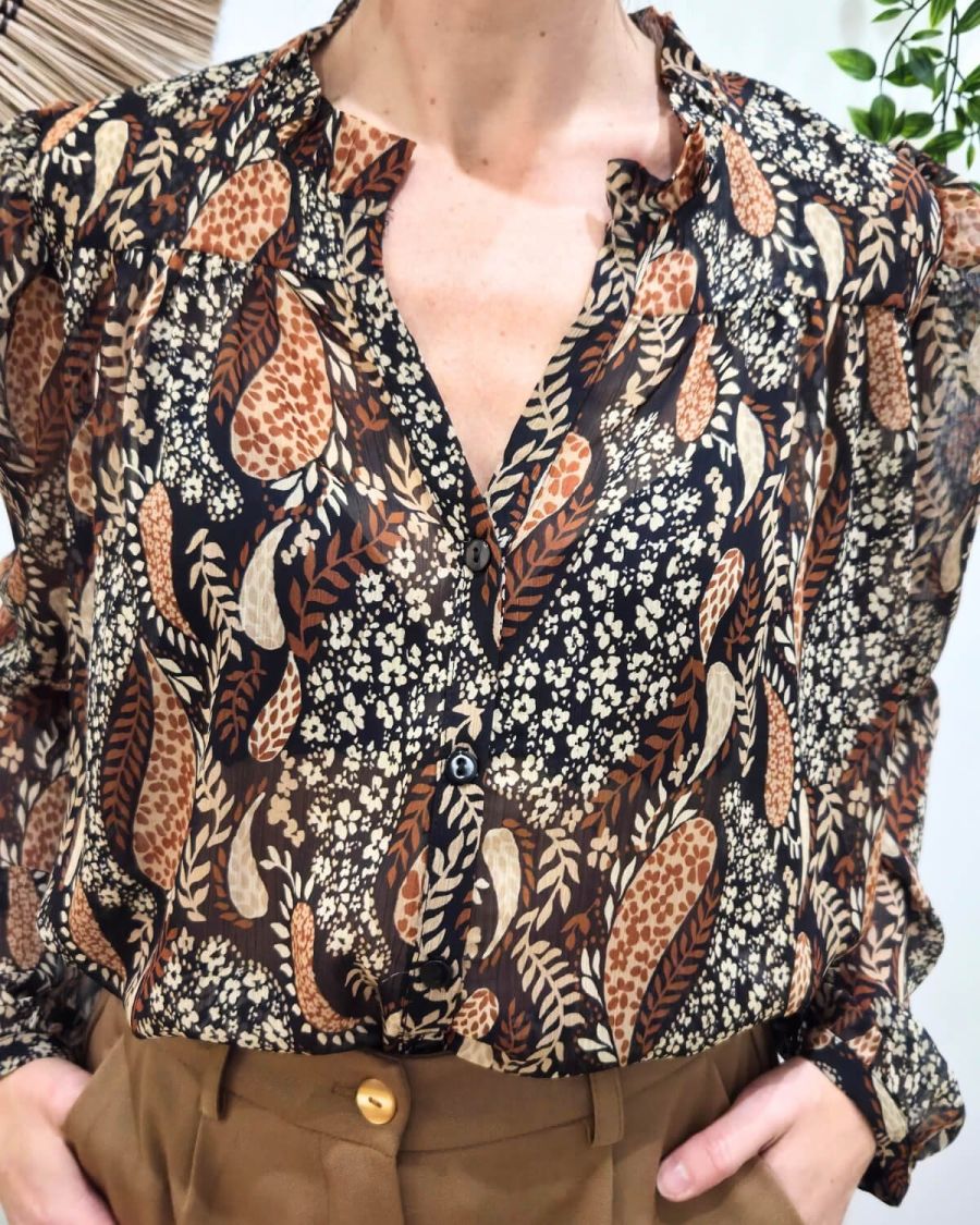 Chemisier femme noir feuillages beiges et terracottas Calla