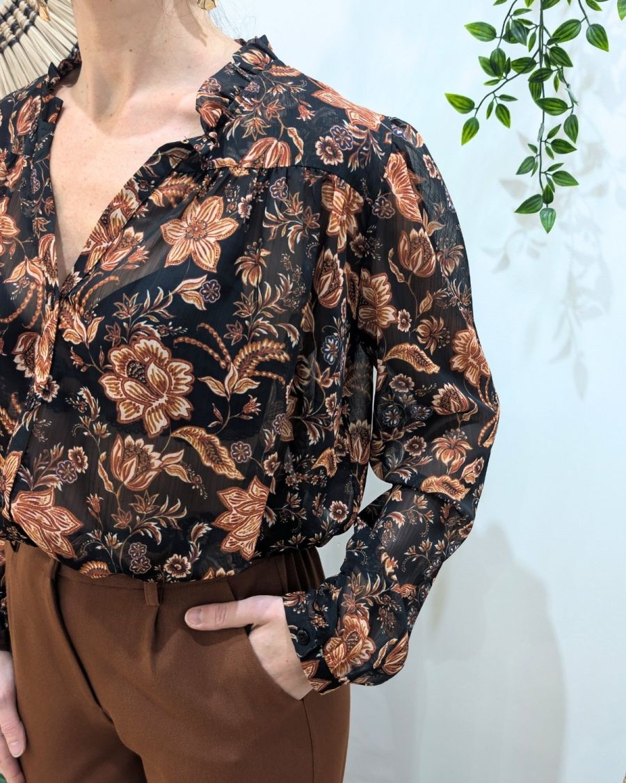 Chemisier femme noir fleurs terracottas Jasmina