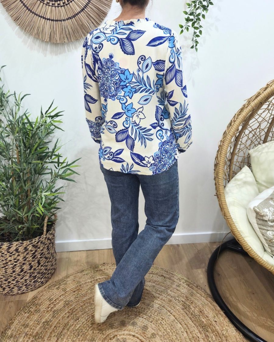 Chemisier femme écru fleurs bleues Faustina