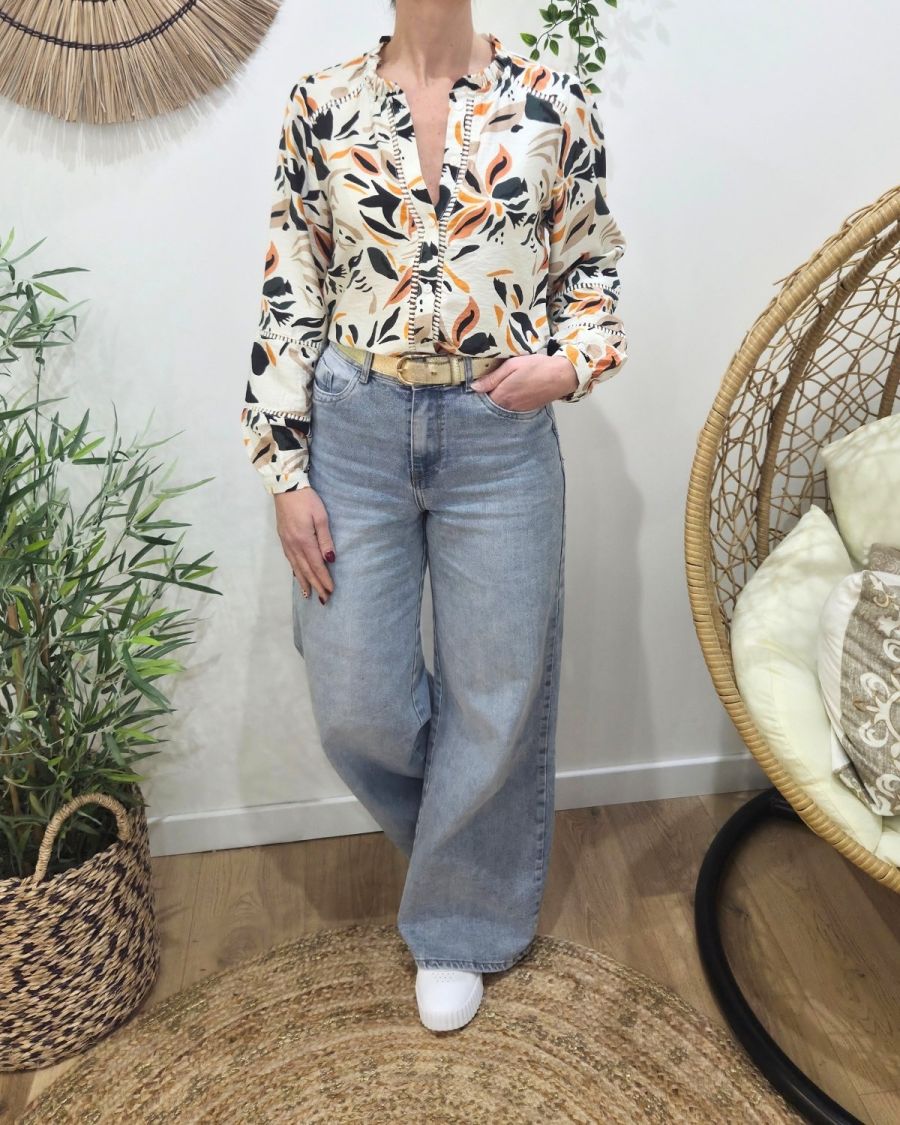 Chemisier femme écru fleurs oranges vertes et noires Saga